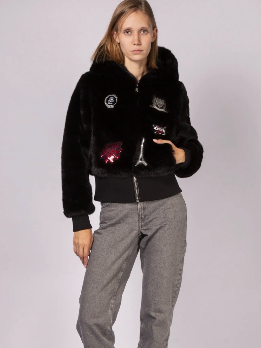 Karl Lagerfeld Black Hooded Puffer Jacket with Patch Details